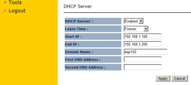Start IP - End IP - діапазон IP адрес, які будуть видаватися клієнтським Wi-Fi пристроїв;   Domain Name - доменне ім'я;   First DNS Address - первинний DNS сервер